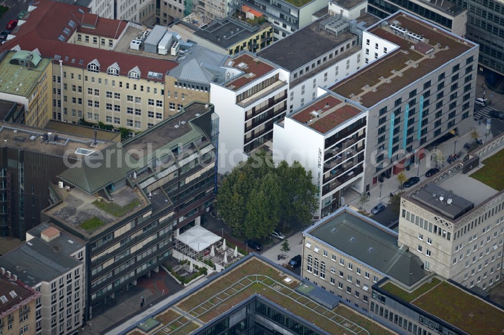 Aerial image Stuttgart - Residential and commercial construction in the Lautenschlagerstraße in Stuttgart in Baden-Württemberg. Night draft landau + kindelbacher - a modern building with Manufactum department store, stores the Manufactum bread & butter in the center of the state capital