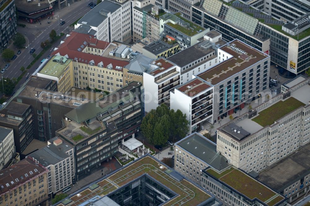 Aerial photograph Stuttgart - Residential and commercial construction in the Lautenschlagerstraße in Stuttgart in Baden-Württemberg. Night draft landau + kindelbacher - a modern building with Manufactum department store, stores the Manufactum bread & butter in the center of the state capital