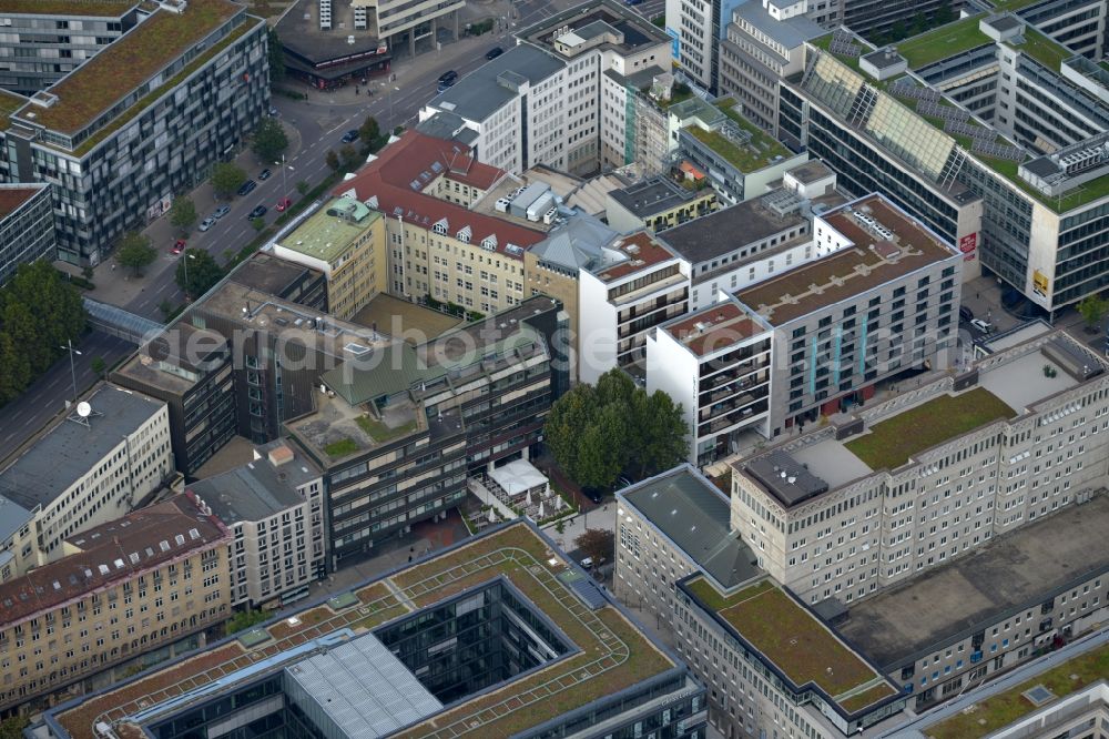 Stuttgart from above - Residential and commercial construction in the Lautenschlagerstraße in Stuttgart in Baden-Württemberg. Night draft landau + kindelbacher - a modern building with Manufactum department store, stores the Manufactum bread & butter in the center of the state capital