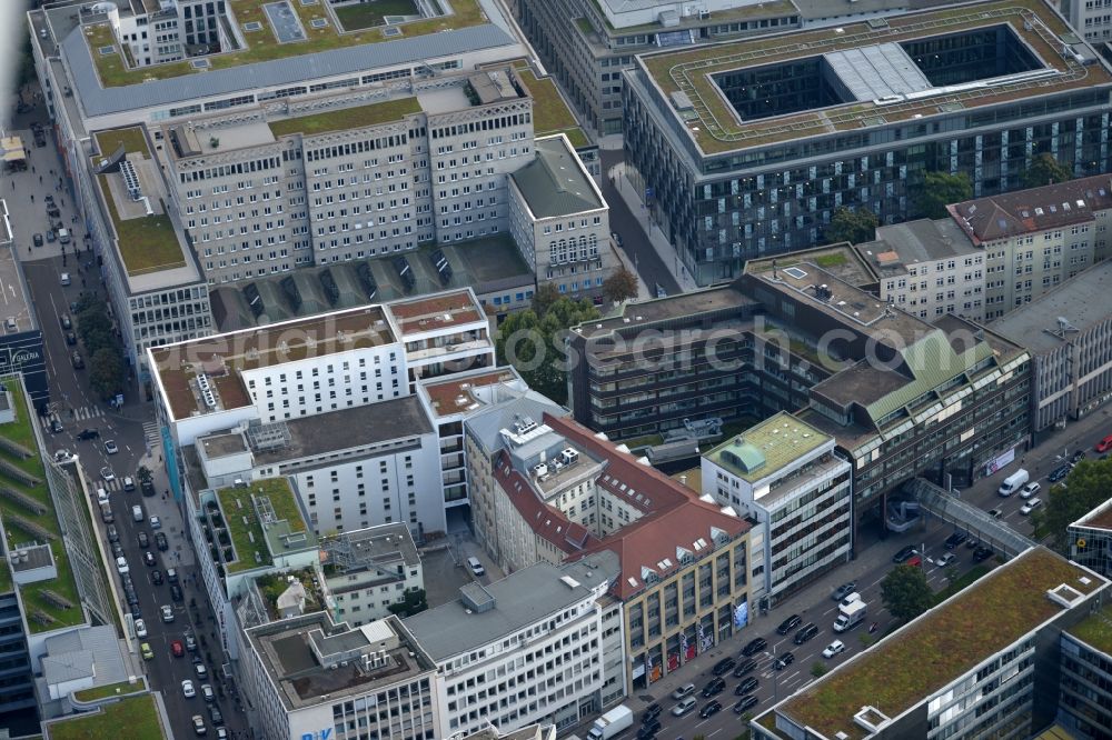 Stuttgart from above - Residential and commercial construction in the Lautenschlagerstraße in Stuttgart in Baden-Württemberg. Night draft landau + kindelbacher - a modern building with Manufactum department store, stores the Manufactum bread & butter in the center of the state capital