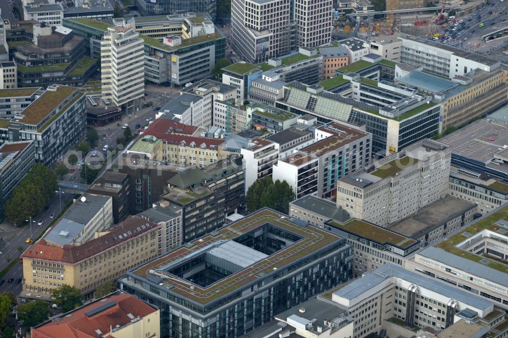 Aerial photograph Stuttgart - Residential and commercial construction in the Lautenschlagerstraße in Stuttgart in Baden-Württemberg. Night draft landau + kindelbacher - a modern building with Manufactum department store, stores the Manufactum bread & butter in the center of the state capital