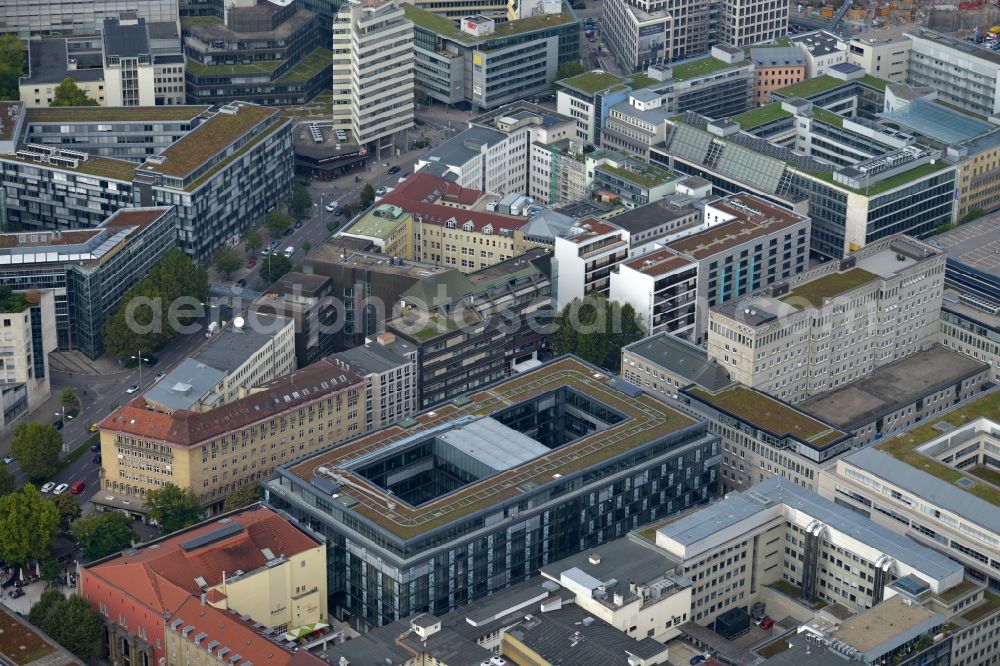 Stuttgart from above - Residential and commercial construction in the Lautenschlagerstraße in Stuttgart in Baden-Württemberg. Night draft landau + kindelbacher - a modern building with Manufactum department store, stores the Manufactum bread & butter in the center of the state capital