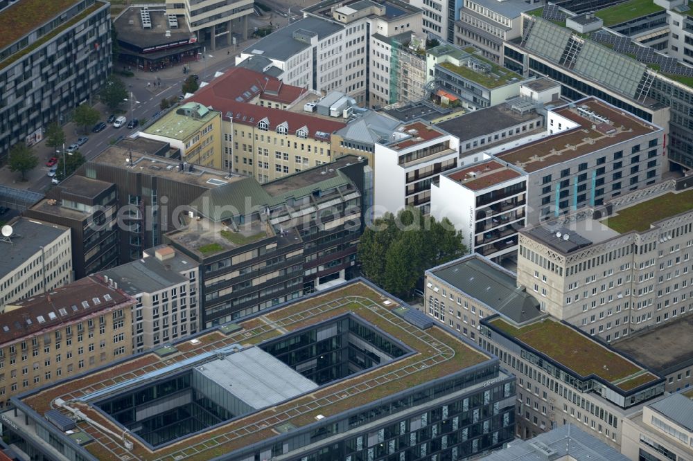 Stuttgart from the bird's eye view: Residential and commercial construction in the Lautenschlagerstraße in Stuttgart in Baden-Württemberg. Night draft landau + kindelbacher - a modern building with Manufactum department store, stores the Manufactum bread & butter in the center of the state capital