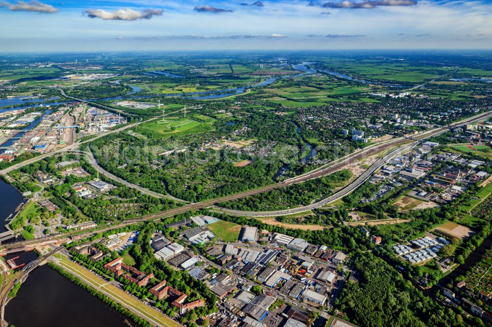 Aerial image Hamburg - Residential and commercial area with allotment gardens on the street Niedergeorgswerder Deich in Hamburg Wilhelmsburg, Germany