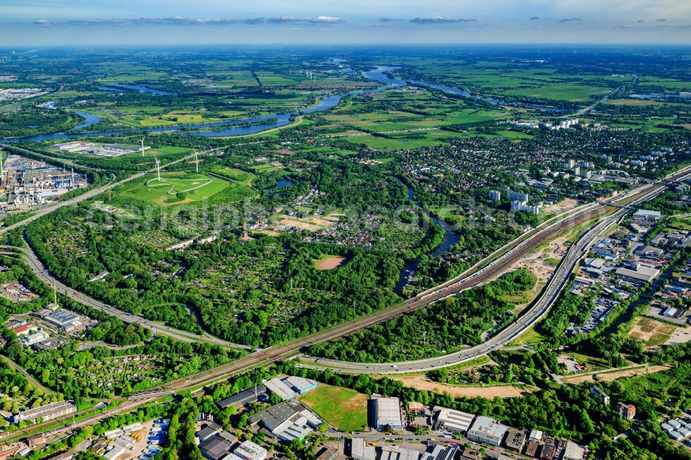 Aerial photograph Hamburg - Residential and commercial area with allotment gardens on the street Niedergeorgswerder Deich in Hamburg Wilhelmsburg, Germany