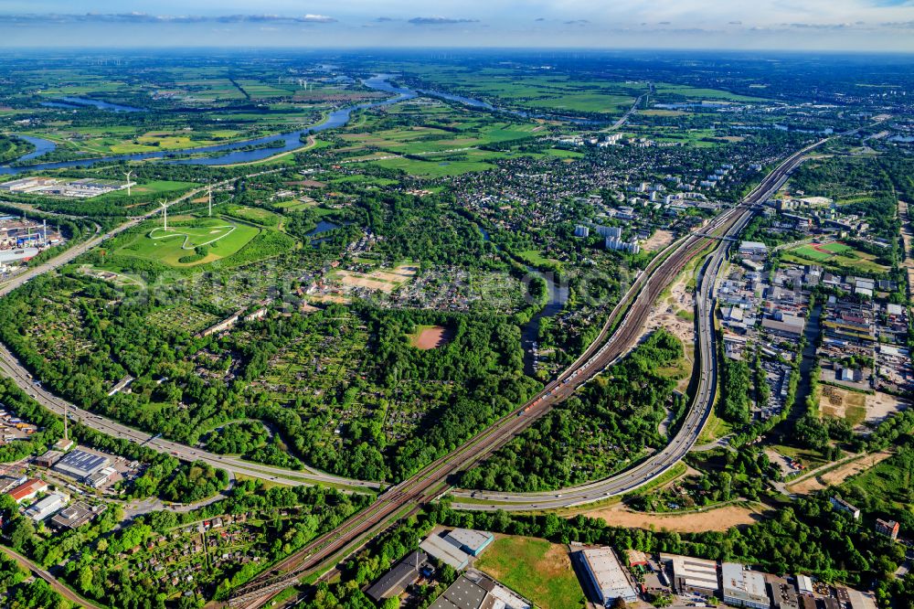 Hamburg from above - Residential and commercial area with allotment gardens on the street Niedergeorgswerder Deich in Hamburg Wilhelmsburg, Germany