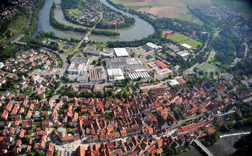 Besigheim from above - View of residential and commercial area at the shore of Neckar in Besigheim in Baden-Wuerttemberg