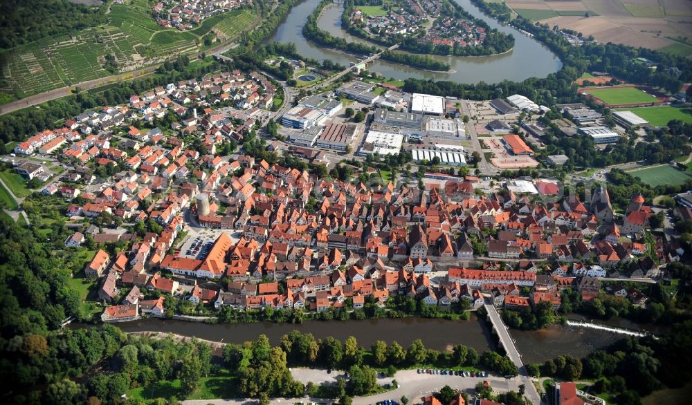 Besigheim from the bird's eye view: View of residential and commercial area at the shore of Neckar in Besigheim in Baden-Wuerttemberg