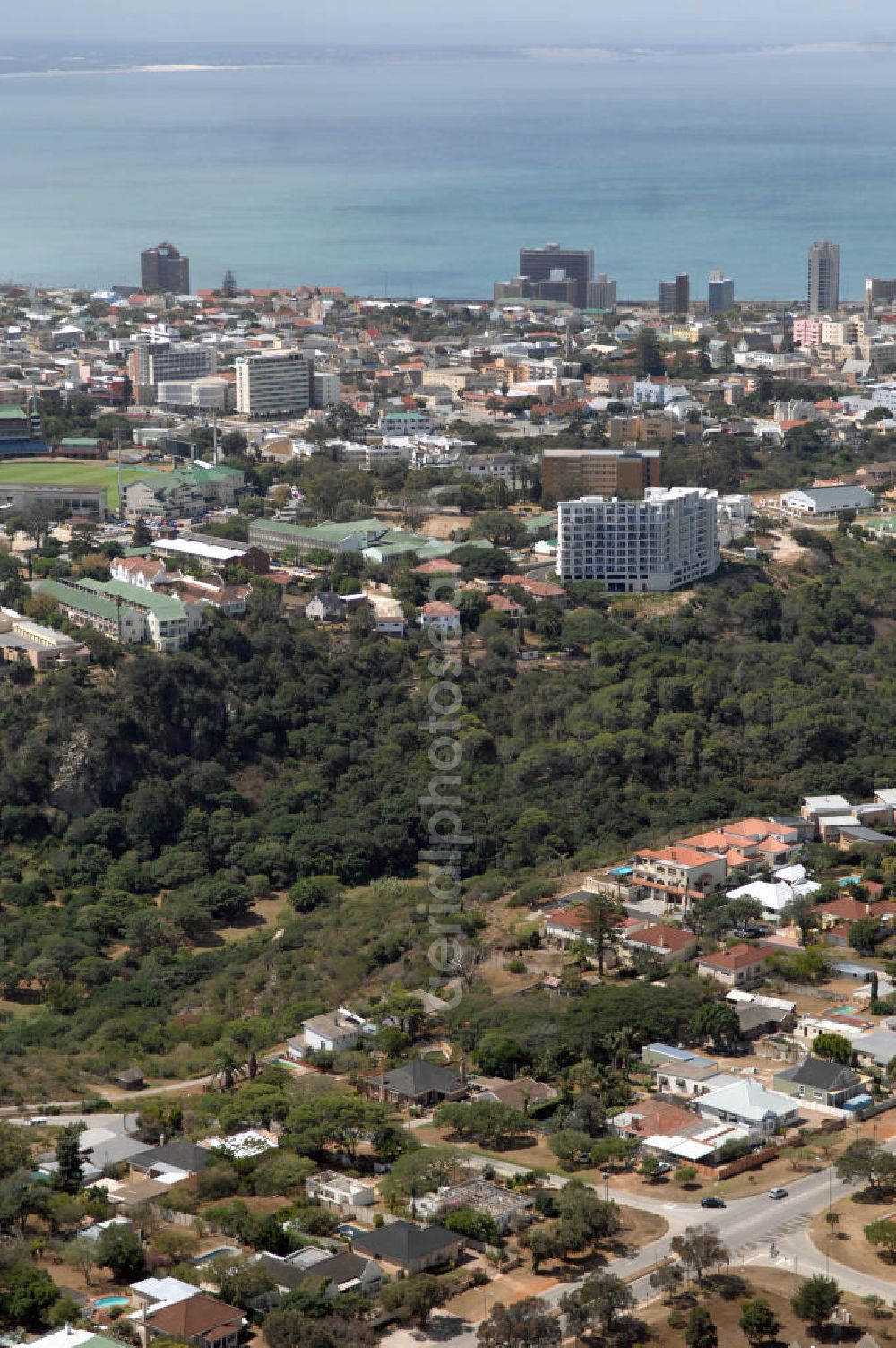 Port Elizabeth from above - View of a housing and industrial area in Port Elizabeth Central. In the left front of the picture is the sahara oval st Georges cricket ground