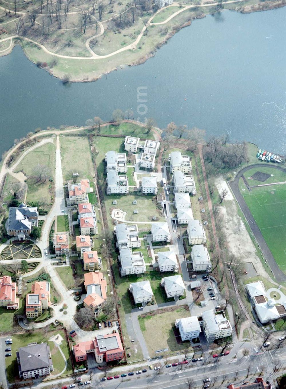 Potsdam from above - Wohnanlage der Bayerischen Hausbau auf dem Glienicker Horn an der Glienicker Brücke in Potsdam.