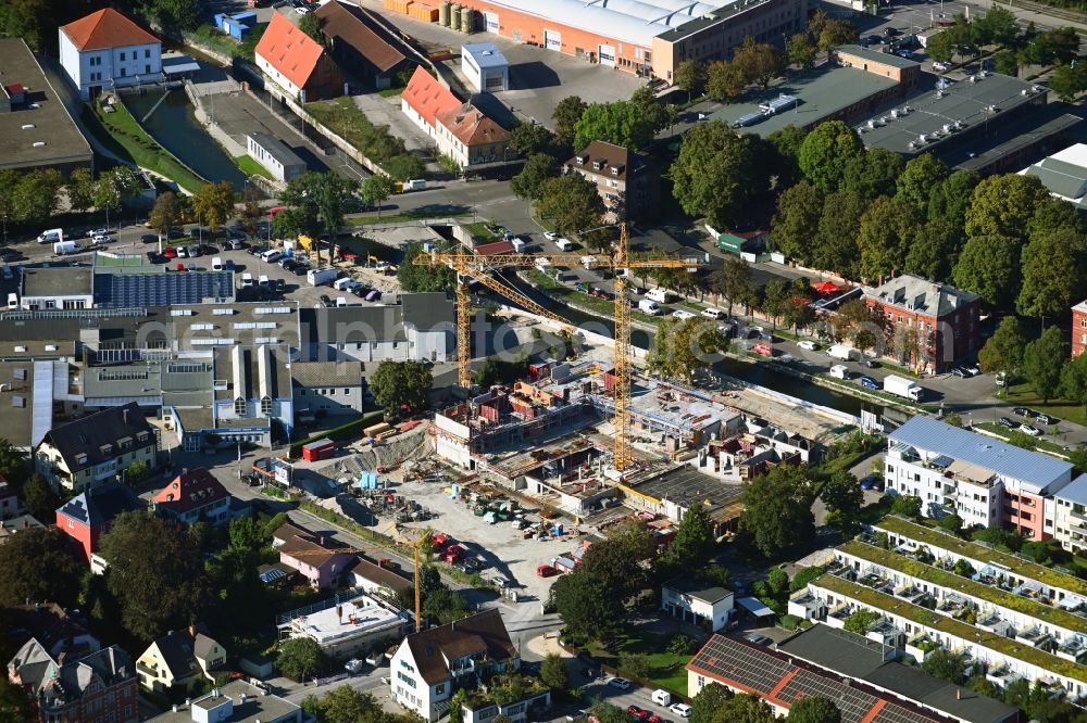 Aerial image Augsburg - Construction site to build a new multi-family residential complex KULT.QUARTIER WOHNEN AM PROVIANTBACH in the district Am Schaefflerbach in Augsburg in the state Bavaria, Germany