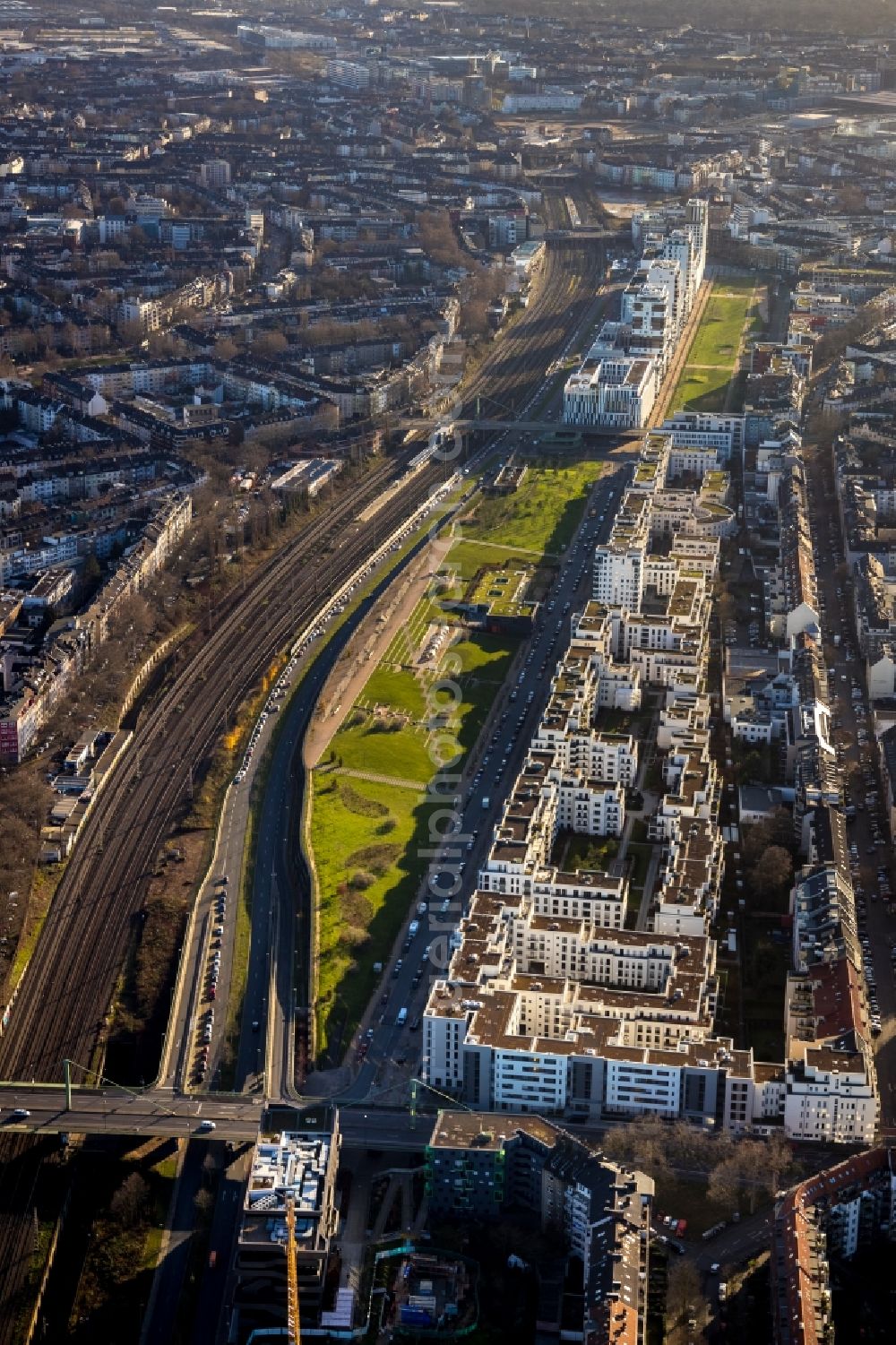 Düsseldorf from above - New multi-family residential complex Le Quartier Central at the Marc-Chagall-street in Duesseldorf in the state North Rhine-Westphalia