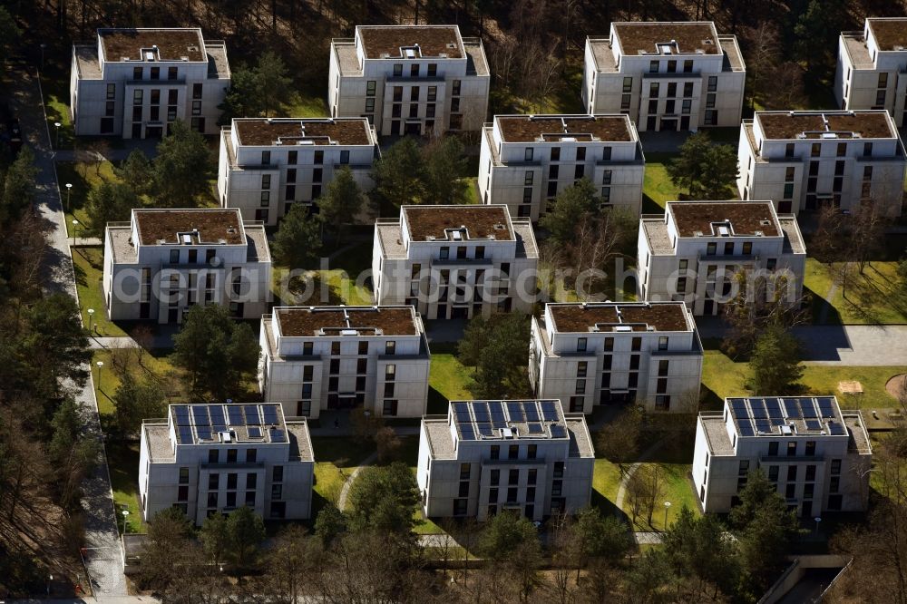 Berlin from the bird's eye view: Residential area Am Petersberg of company GEHAG in the Dahlem part of the district of Steglitz-Zehlendorf in Berlin in Germany. The compound consists of 15 low-energy townhouses which are located on Petersberg hill on the edge of the Grunewald forest