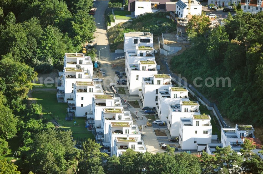 Bad Vilbel from above - View the construction site of the residental complex on Tannenweg. At the forest are several new residential buildings built by the CDS Wohnbau GmbH, a Frankfurt real estate service provider