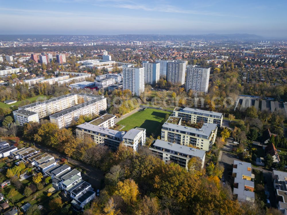 Aerial image Dresden - Residential buildings and high-rise buildings in Zschertnitz in Dresden in the state of Saxony, Germany