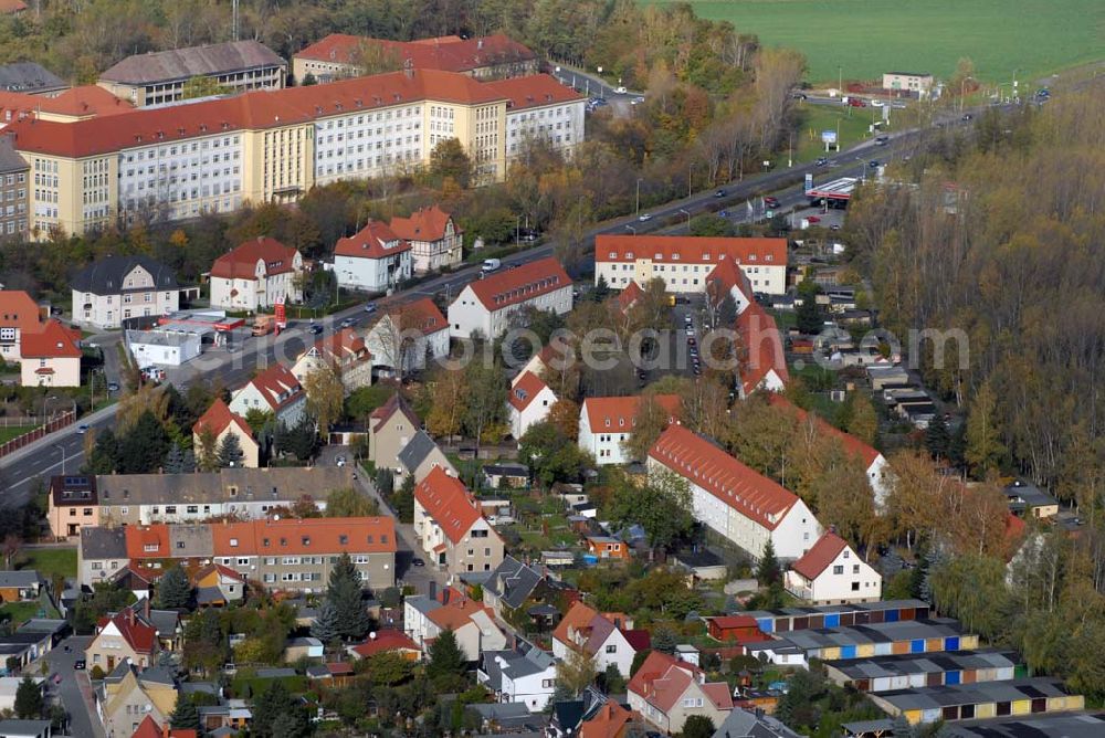 Aerial photograph Borna - Blick auf das Wohngebiet zwischen Kesselhainer Straße und Leipziger Straße sowie die HELIOS Klinik Borna - ein Krankenhaus der Grund- und Regelversorgung. Die Klinik liegt zentral zwischen Leipzig und Chemnitz und bietet auf hohem diagnostischem und therapeutischem Niveau eine qualifizierte Akutmedizin. Kontakt: HELIOS Klinik Borna - Rudolf-Virchow-Straße 2, 04552 Borna - Tel.: (0 34 33) 21-0 - Telefax: (0 34 33) 21-11 05 - Email: postmaster@borna.helios-kliniken.de; Geschäftsführer: Dr. Roland Bantle - Tel.: (0 34 33) 21-10 02