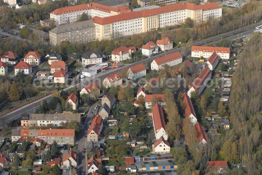 Aerial photograph Borna - Blick auf das Wohngebiet zwischen Kesselhainer Straße und Leipziger Straße sowie die HELIOS Klinik Borna - ein Krankenhaus der Grund- und Regelversorgung. Die Klinik liegt zentral zwischen Leipzig und Chemnitz und bietet auf hohem diagnostischem und therapeutischem Niveau eine qualifizierte Akutmedizin. Kontakt: HELIOS Klinik Borna - Rudolf-Virchow-Straße 2, 04552 Borna - Tel.: (0 34 33) 21-0 - Telefax: (0 34 33) 21-11 05 - Email: postmaster@borna.helios-kliniken.de; Geschäftsführer: Dr. Roland Bantle - Tel.: (0 34 33) 21-10 02