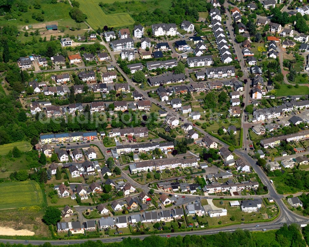 Bendorf from the bird's eye view: View of the town of Bendorf in the state of Rhineland-Palatinate. The town is located in the county district of Mayen-Koblenz on the right riverbank of the river Rhine. The town is an official tourist resort and is located on the German Limes Road. It consists of the four parts Bendorf, Sayn, Muelhofen and Stromberg