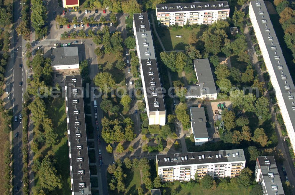 Aerial photograph Berlin - Buch - Blick auf das Wohngebiet Berlin-Buch mit Mehrfamilienhäusern / Plattenbauten an der Karower Chaussee.