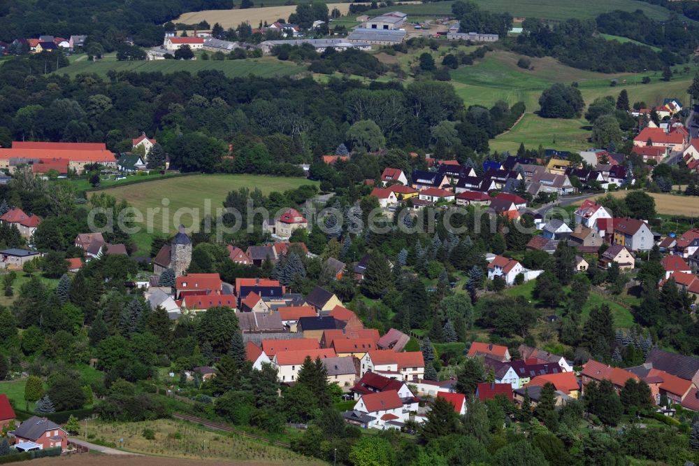 Weißenfels from above - View of a residential area and the Saint Cyriacus church in Langendorf a district of the city Weissenfels in the state Saxony-Anhalt