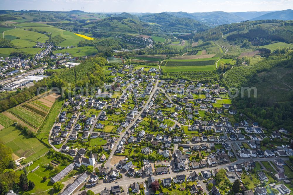 Bestwig from above - Residential area of single-family settlement on street Schildstrasse in the district Ostwig in Bestwig at Sauerland in the state North Rhine-Westphalia, Germany