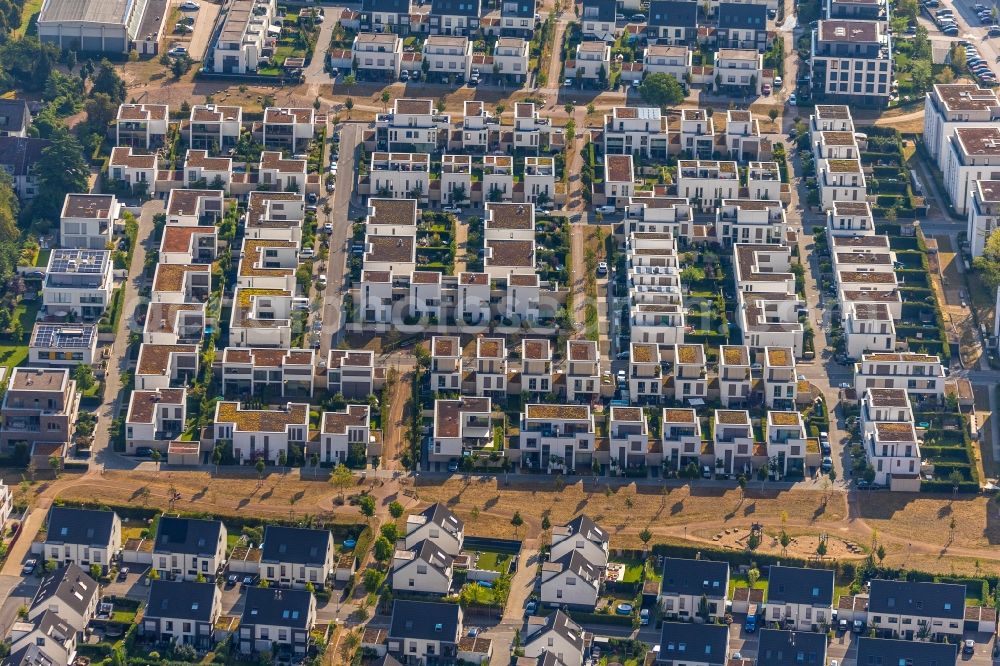 Aerial image Düsseldorf - Single-family residential area of settlement Eichengrund - Am Nussbaum - Haselnussweg in the district Moersenbroich in Duesseldorf in the state North Rhine-Westphalia, Germany