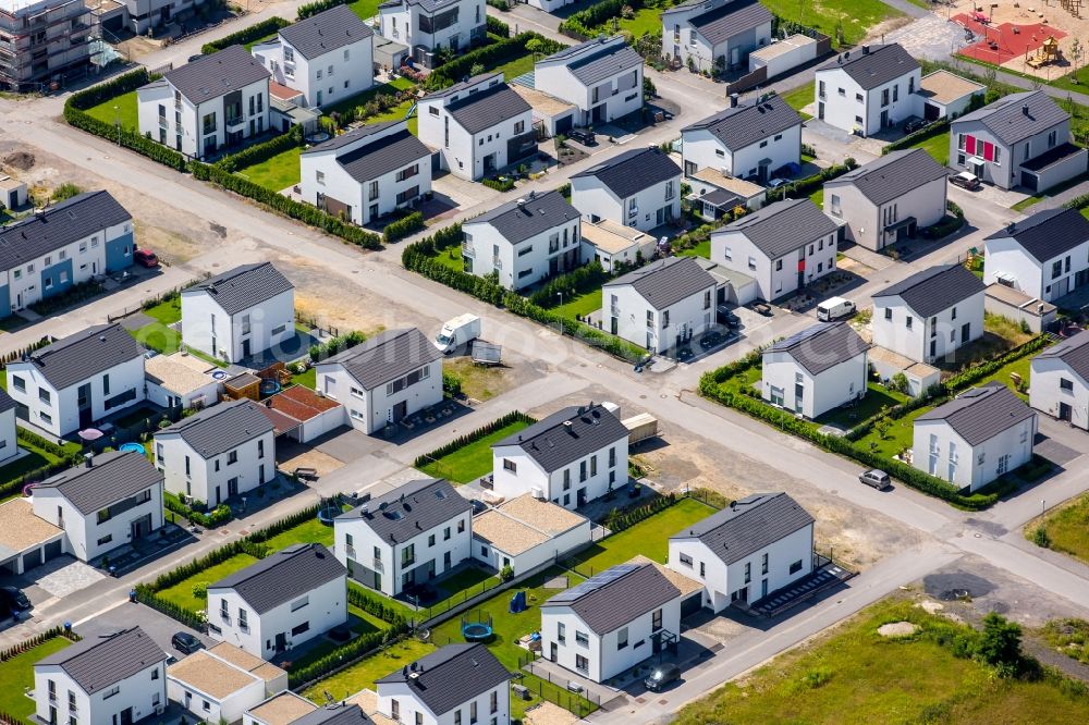 Aerial photograph Gelsenkirchen - Residential single-family a settlement at the marina on the Rhine-Herne canal on the site of the former Graf Bismarck colliery in Gelsenkirchen-Bismarck in North Rhine-Westphalia