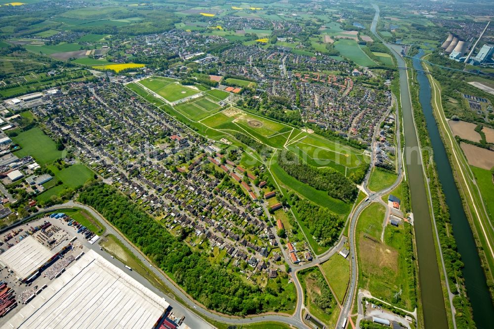 Hamm from the bird's eye view: Single-family residential area of settlement Seelhofstrasse am Lippepark Hamm - Schacht Franz in Hamm in the state North Rhine-Westphalia