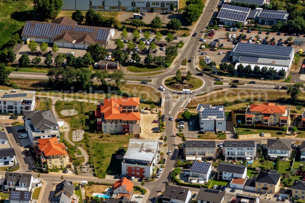 Ettenheim from above - Construction sites for new construction residential area of detached housing estate and Mehrfamilienhaeuser Im Fuerstenfeld in Ettenheim in the state Baden-Wurttemberg, Germany