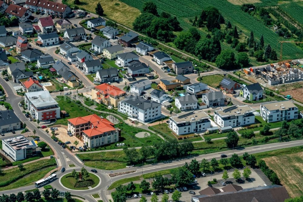 Ettenheim from the bird's eye view: Construction sites for new construction residential area of detached housing estate and Mehrfamilienhaeuser Im Fuerstenfeld in Ettenheim in the state Baden-Wurttemberg, Germany