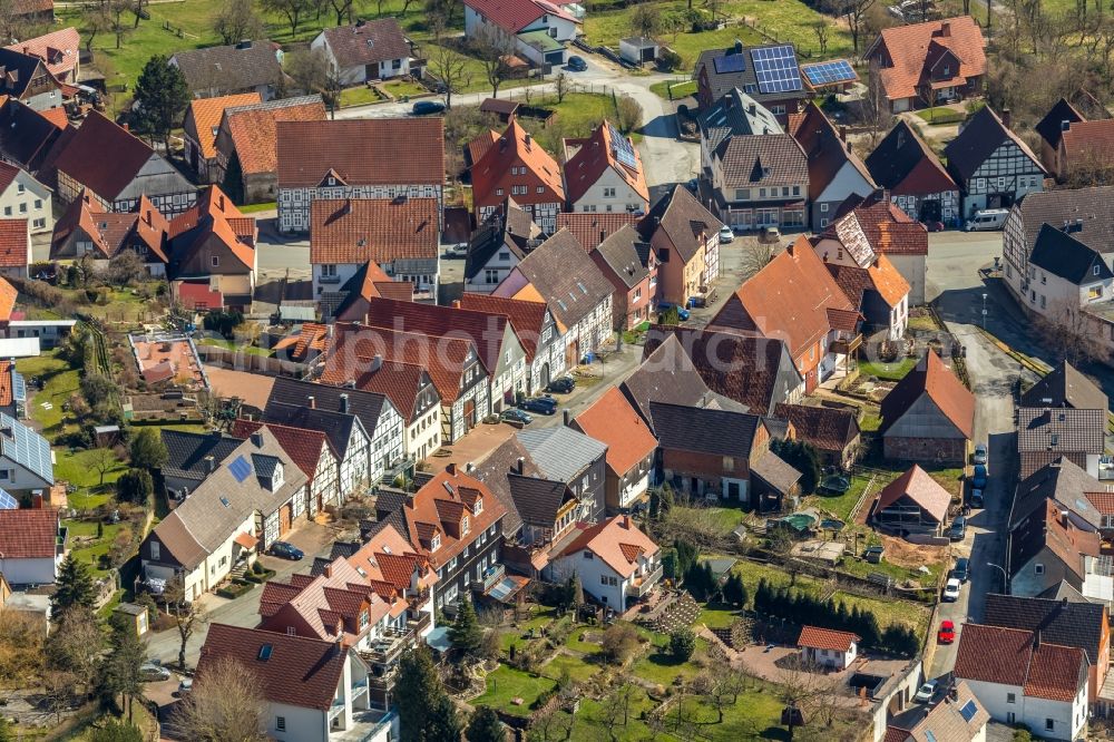 Diemelstadt from the bird's eye view: Single-family residential area of settlement along the Landstrasse in the district Rhoden in Diemelstadt in the state Hesse, Germany