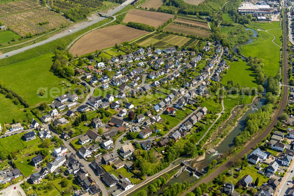 Velmede from the bird's eye view: Residential area of single-family settlement in Velmede at Sauerland in the state North Rhine-Westphalia, Germany