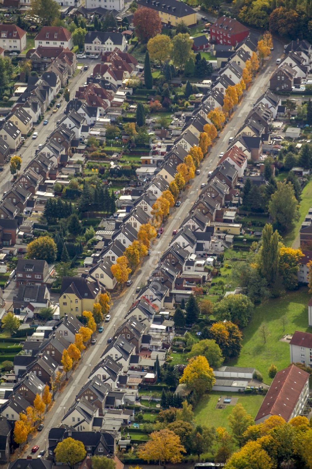 Aerial photograph Gladbeck - Autumn view of a residential area around Emscherstraße in the district Brauck in Gladbeck in the federal state North Rhine-Westphalia