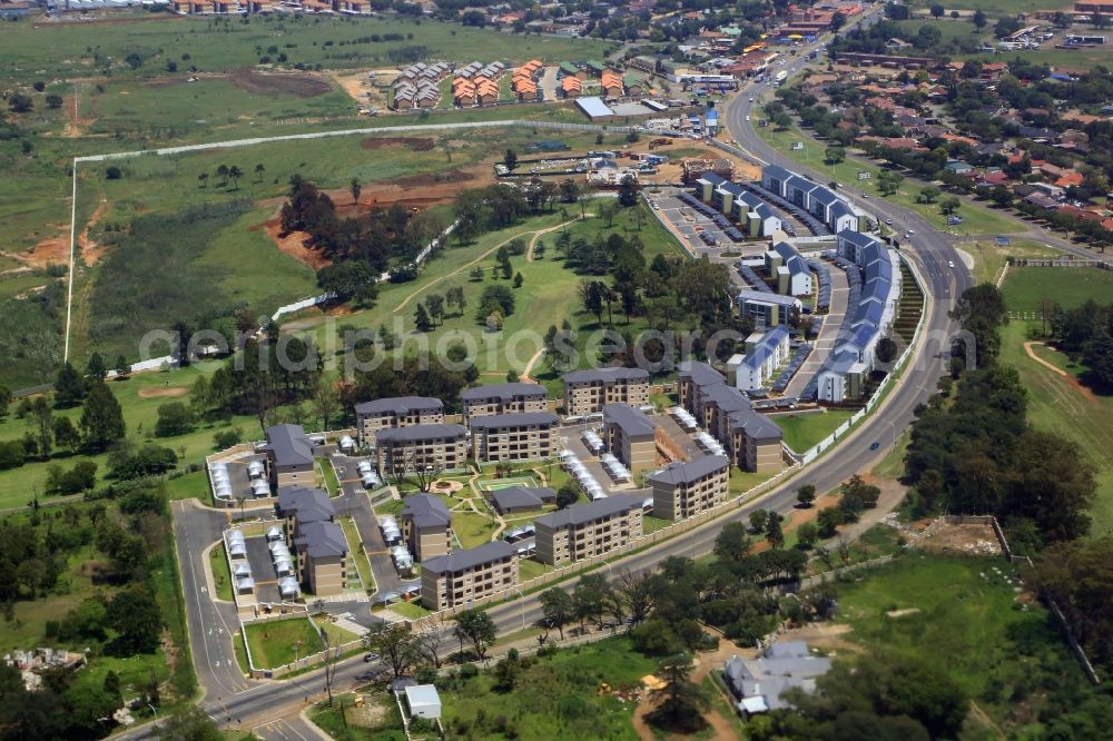 Aerial image Boksburg - Residential area of the multi-family house settlement on golf course area of East Rand Pty Mines in Boksburg in Gauteng, South Africa