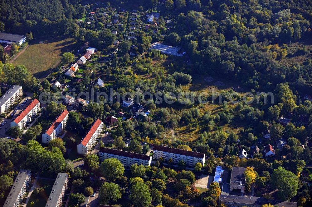 Aerial image Berlin Köpenick - Residential area on Feldblumenweg - Green Drift on the outskirts of the district Köpenick in Berlin. The company cds Wohnbaul Berlin GmbH plans to the forest to build a new housing estate with 70 double rooms and townhouses