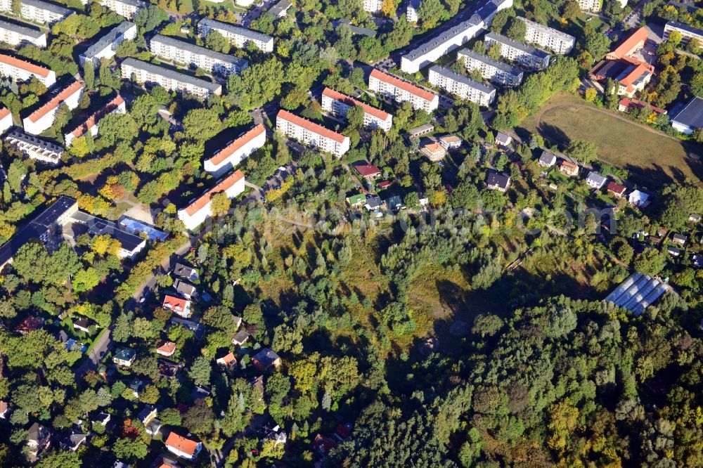 Aerial photograph Berlin - Residential area on Feldblumenweg - Gruene Trift on the outskirts of the district Köpenick in Berlin. The company cds Wohnbau Berlin GmbH plans to the forest to build a new housing estate with 70 double rooms and townhouses