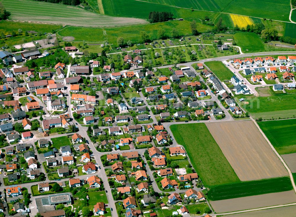 Erbach from above - Residential areas on the edge of agricultural land in Erbach in the state Baden-Wuerttemberg, Germany