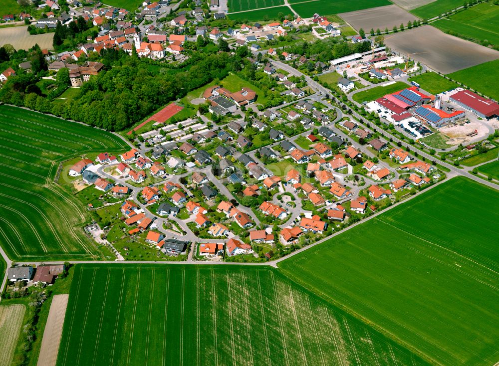 Oberstadion from above - Residential areas on the edge of agricultural land in Oberstadion in the state Baden-Wuerttemberg, Germany