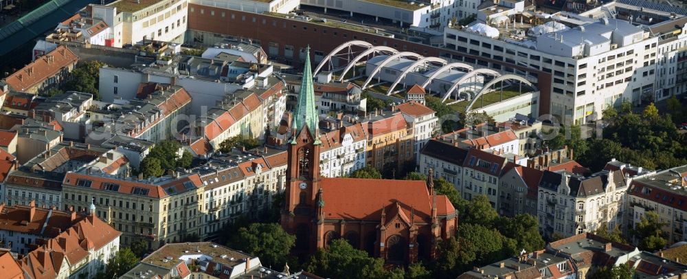 Berlin Prenzlauer Berg from above - Residential area at the Gethsemane Church at Stargarder street in Prenzlauer Berg district of Berlin. In the background, the mall Schoenhauser Allee Arcaden mfi management AG