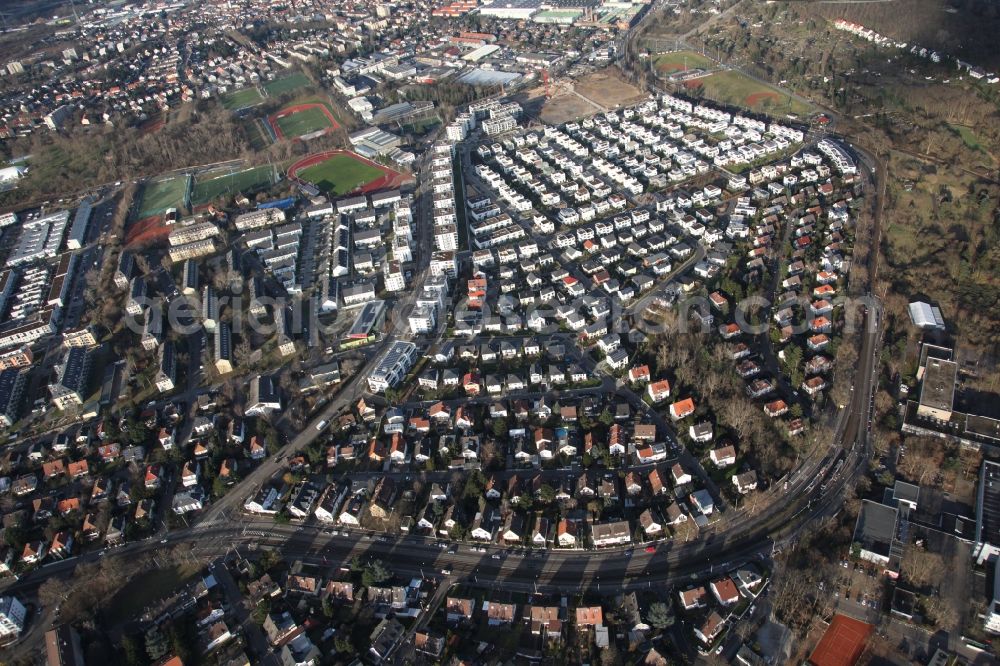 Mainz from the bird's eye view: Residential Gonsbachterrassen. Is a newly formed residential development with single family homes, multi-family homes and condominiums. The settlement is located in the district Gonsenheim in Mainz in Rhineland-Palatinate