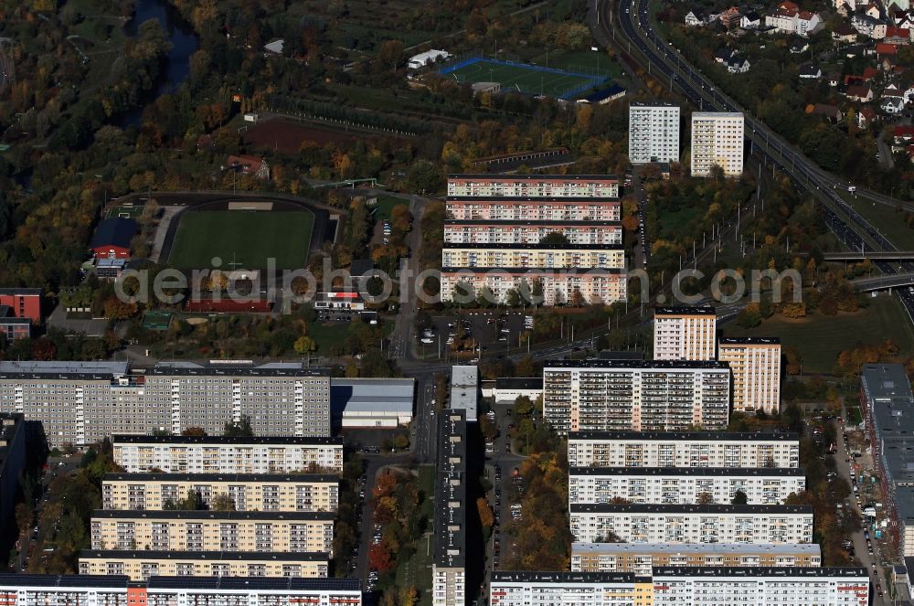 Aerial photograph Jena - Housing area with sports fields an the streets Karl-Marx-Allee, Alfred-Diener-Straße and the road Theobald-Renner-Straße in Jena in Thuringia