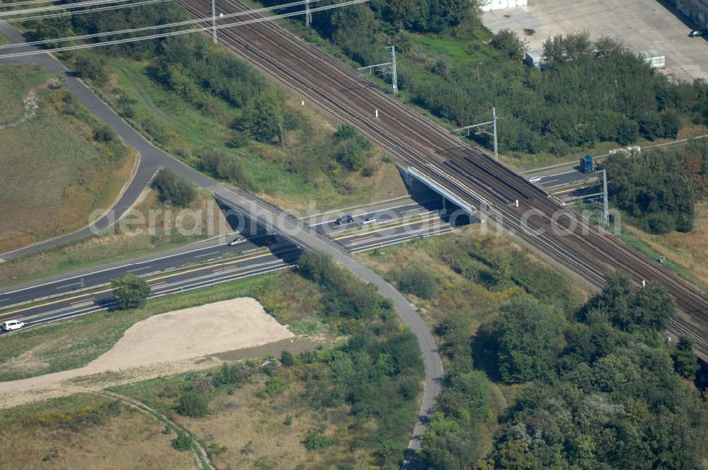 Berlin from above - Blick auf die Straßen-Überführung / Schienenüberführung ünder die Autobahn A 10 / E55 in Karow-Nord.