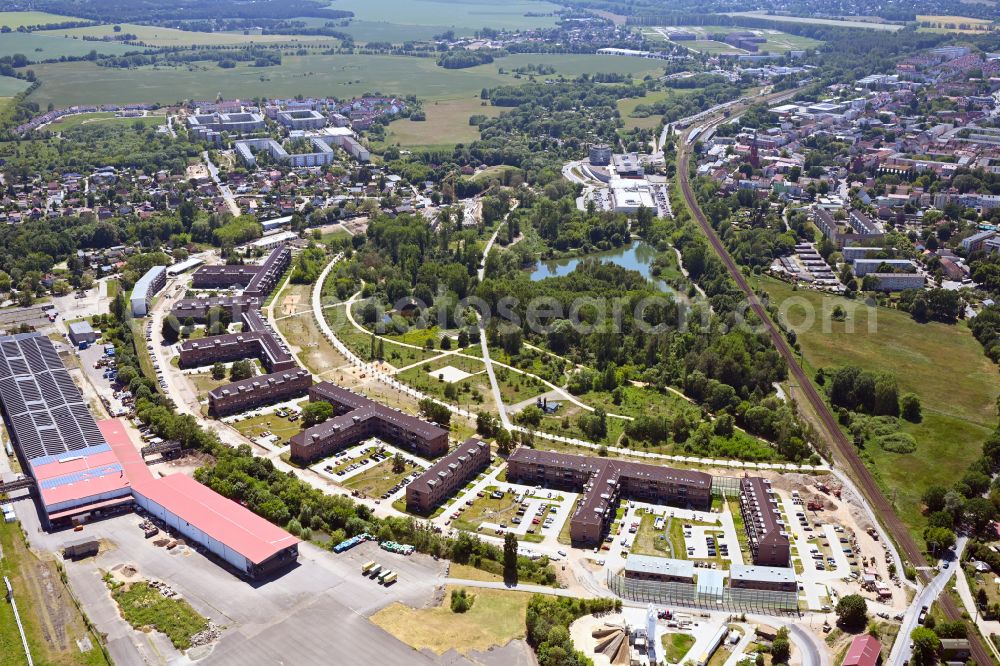 Bernau from above - Housing estate of the building complex of the former military barracks Panke-Park - Pankebogen on street Am Panke-Park in Bernau in the state Brandenburg, Germany