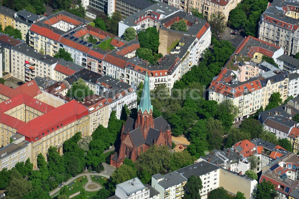 Aerial image Berlin Wilmersdorf - View of Residential area at the church on Ludwigkirchplatz in the Wilmersdorf district of Berlin