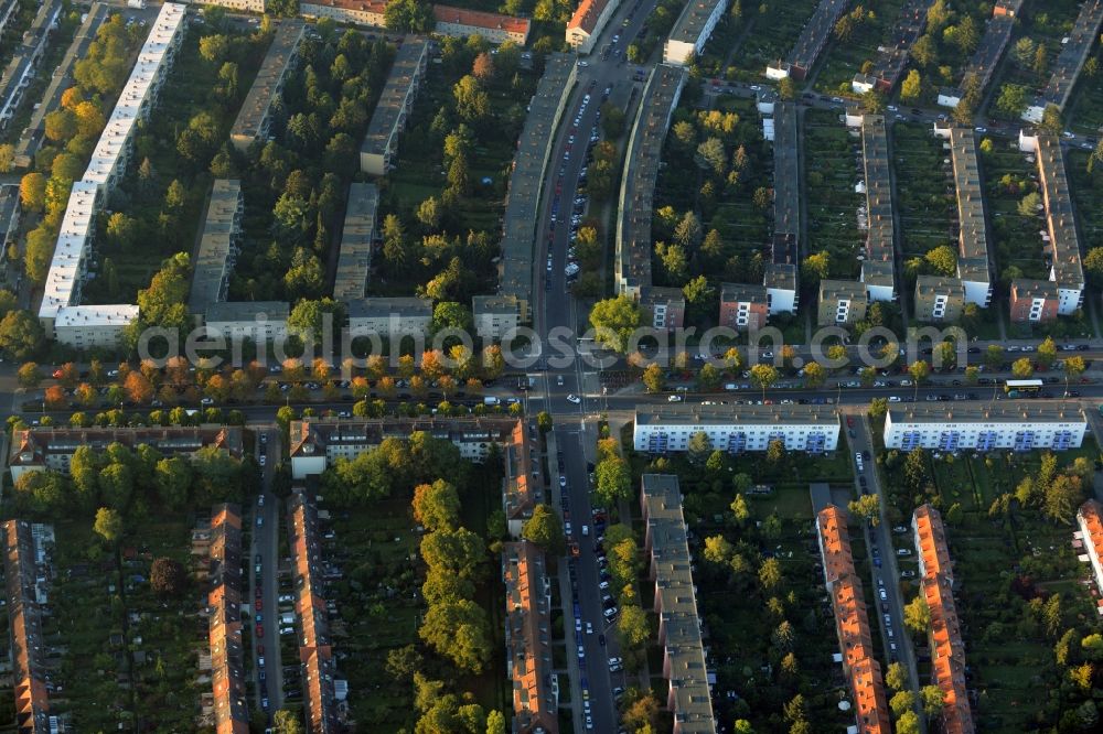 Berlin from above - Residential area around the intersection of Parchimer Allee and Fritz-Reuter-Allee in the Britz part of the district of Neukoelln in Berlin in Germany. The underground station Parchimer Allee is located here