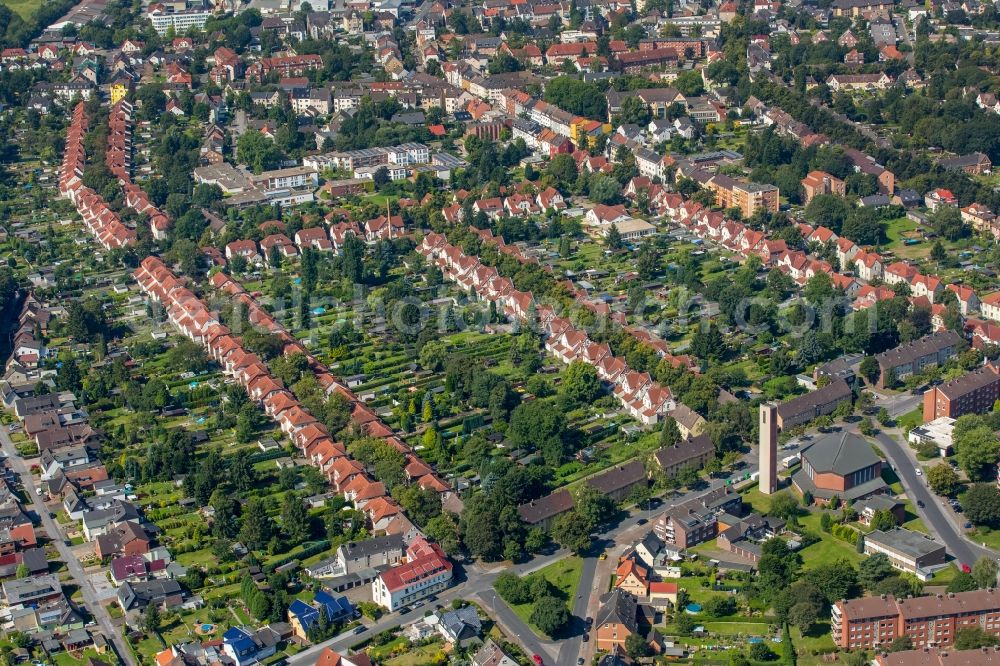 Lünen from above - Residential area of the multi-family house settlement Alte Kolonie Brambauer in Luenen in the state North Rhine-Westphalia