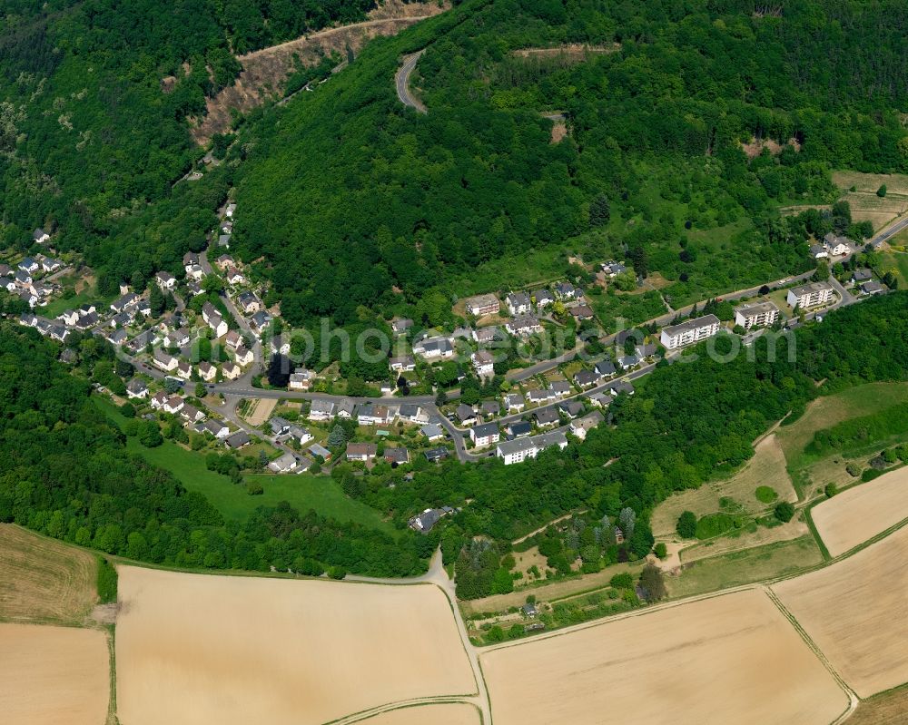 Bad Ems from above - Roof and wall structures in residential area of a multi-family house settlement in Bad Ems in the state Rhineland-Palatinate