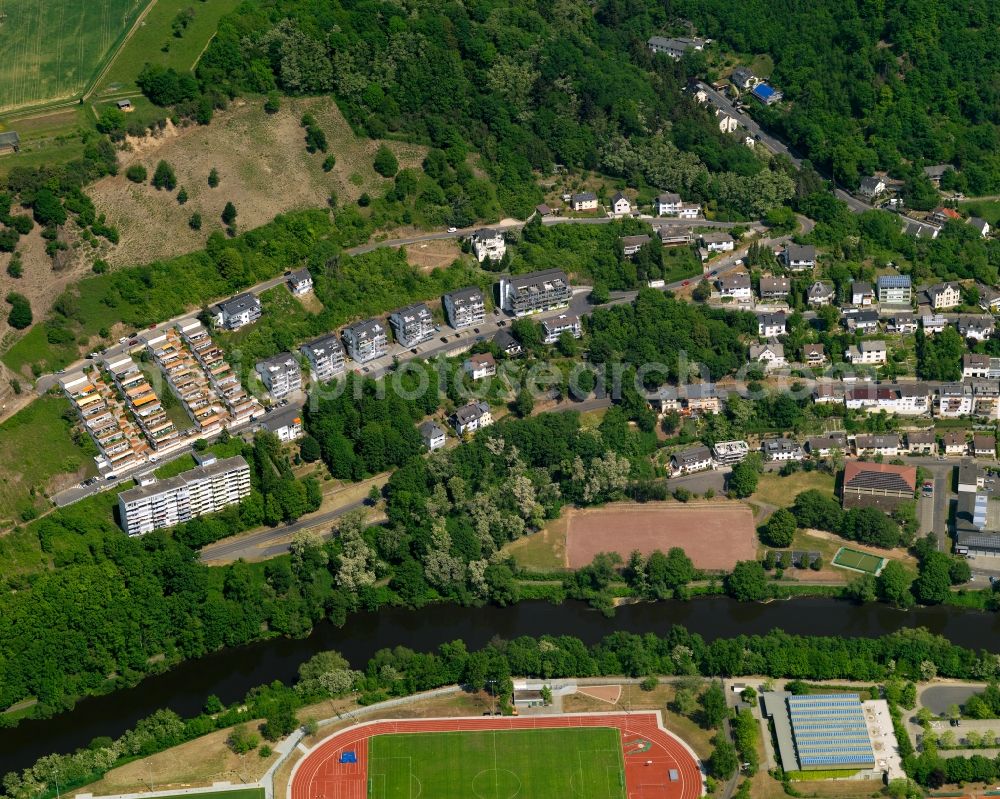 Bad Ems from above - Roof and wall structures in residential area of a multi-family house settlement in Bad Ems in the state Rhineland-Palatinate