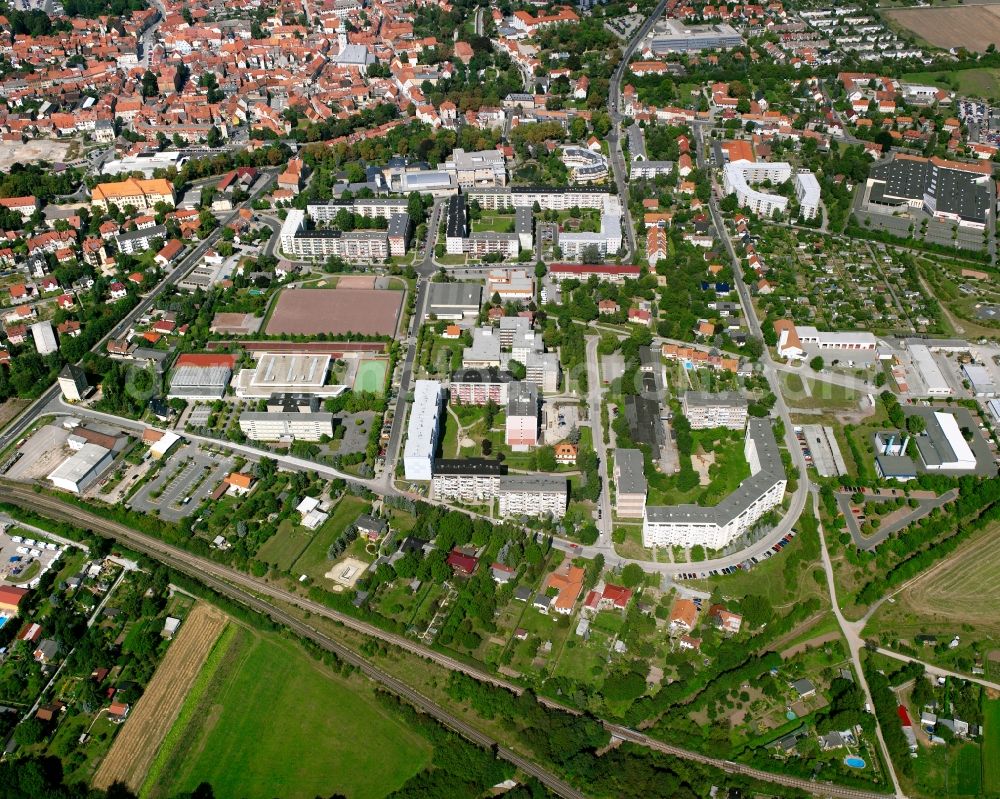 Bad Langensalza from above - Residential area of the multi-family house settlement in Bad Langensalza in the state Thuringia, Germany