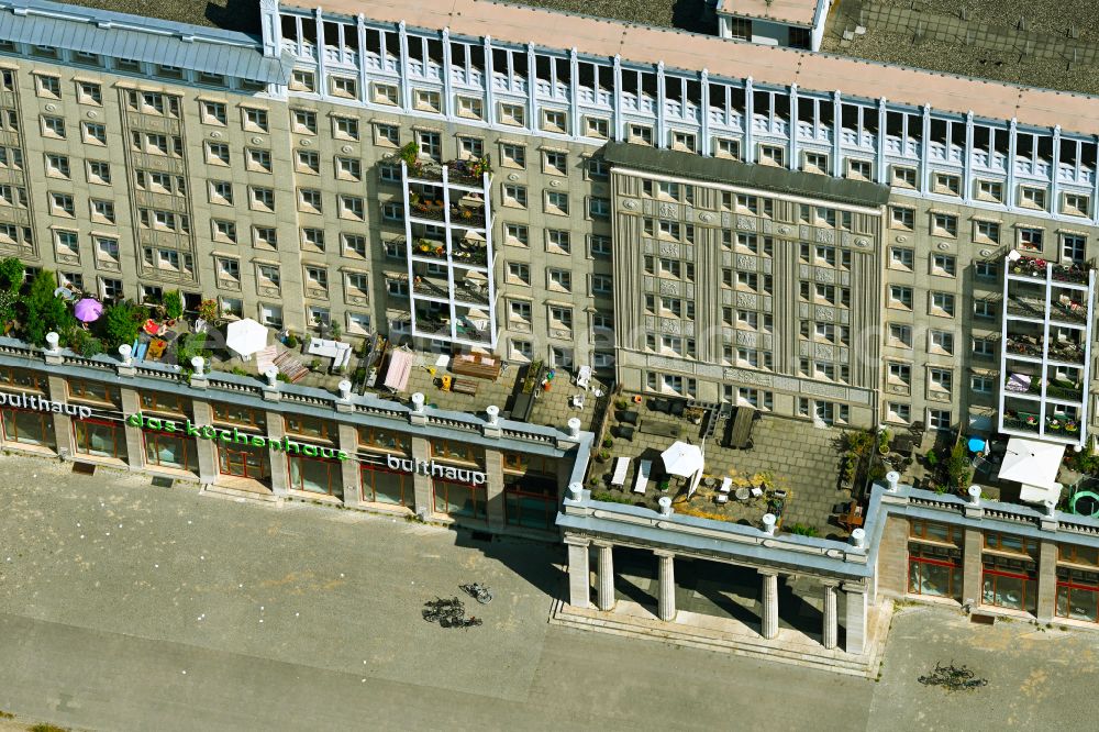 Berlin from above - Residential area of the multi-family house settlement with balcony and terrace facade on street Karl-Marx-Allee in the district Friedrichshain in Berlin, Germany